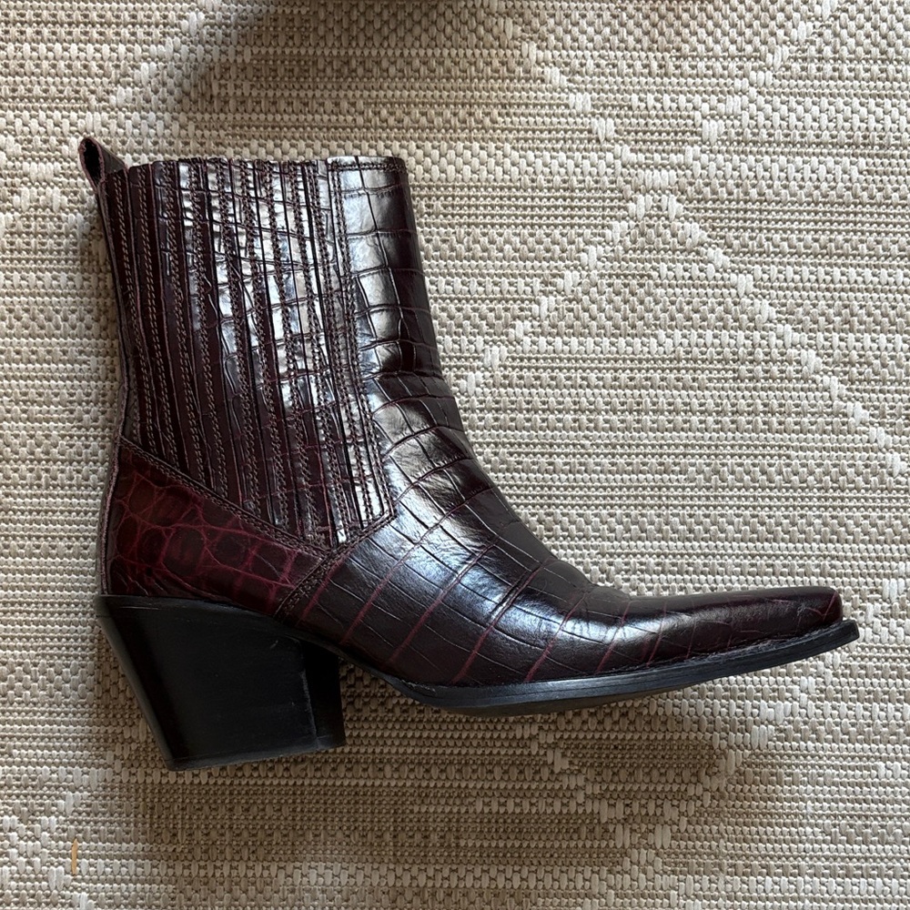 Zara Burgundy Croc-Embossed Leather Ankle Boots - Picture 7 of 10